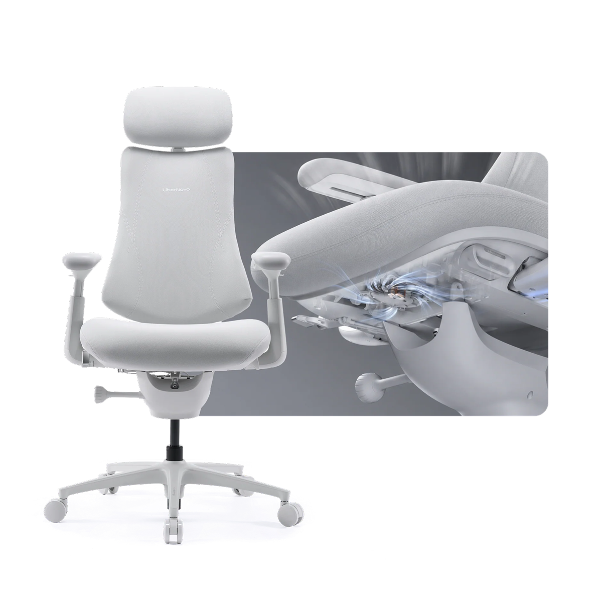 LiberNovo Omni Pro ergonomic chair in Glacier with cutaway of the actively ventilated seat fan
