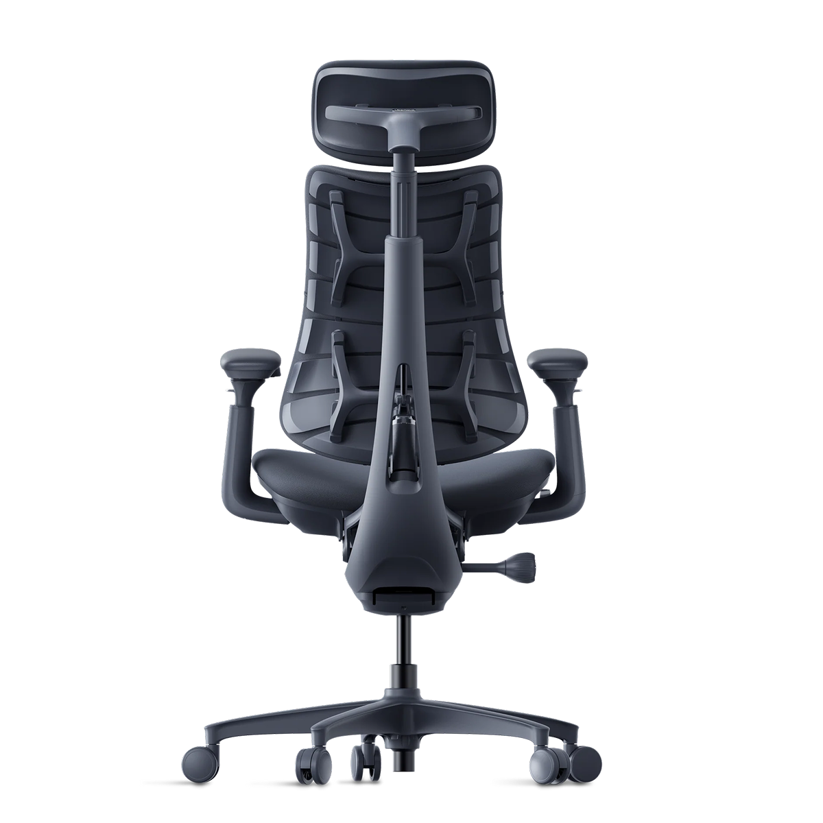 Rear view of the LiberNovo Omni in Midnight Black showing the Bionic FlexFit backrest panels