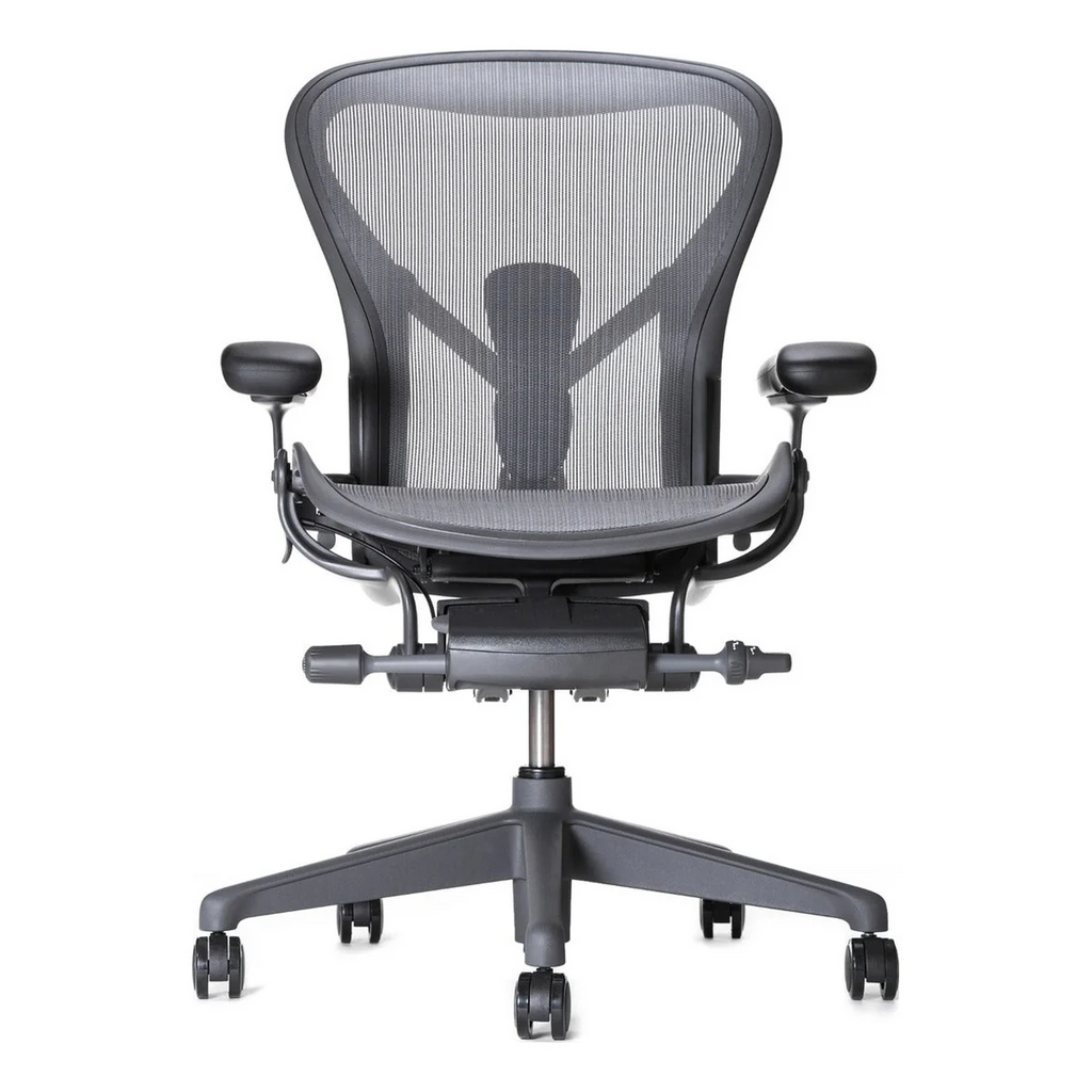 Herman Miller Aeron Chair in Graphite with plastic base, front three-quarter view