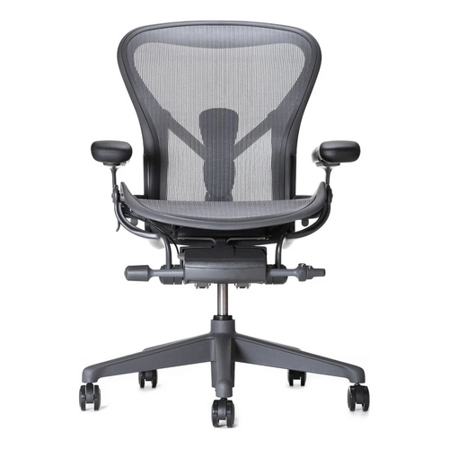 Herman Miller Aeron Chair in Graphite with plastic base, front three-quarter view