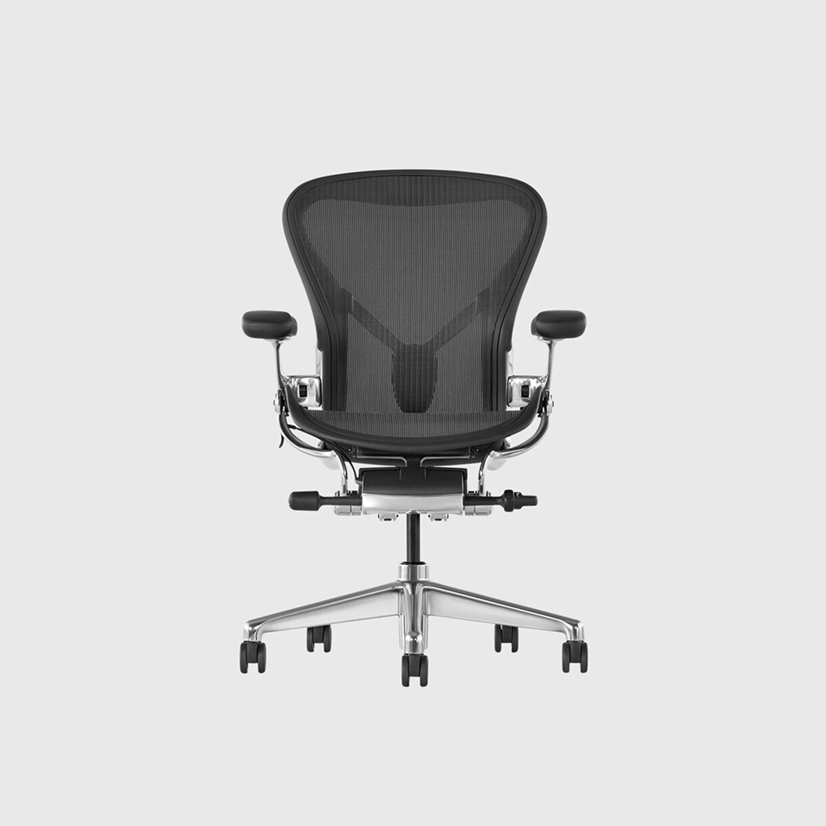 Herman Miller Aeron Chair in Graphite with polished aluminium base, front three-quarter view