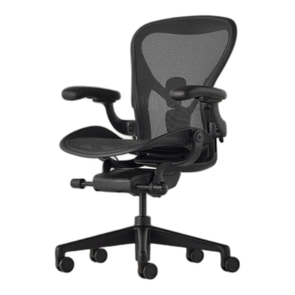 Herman Miller Aeron Chair in Onyx with black metal base, rear view