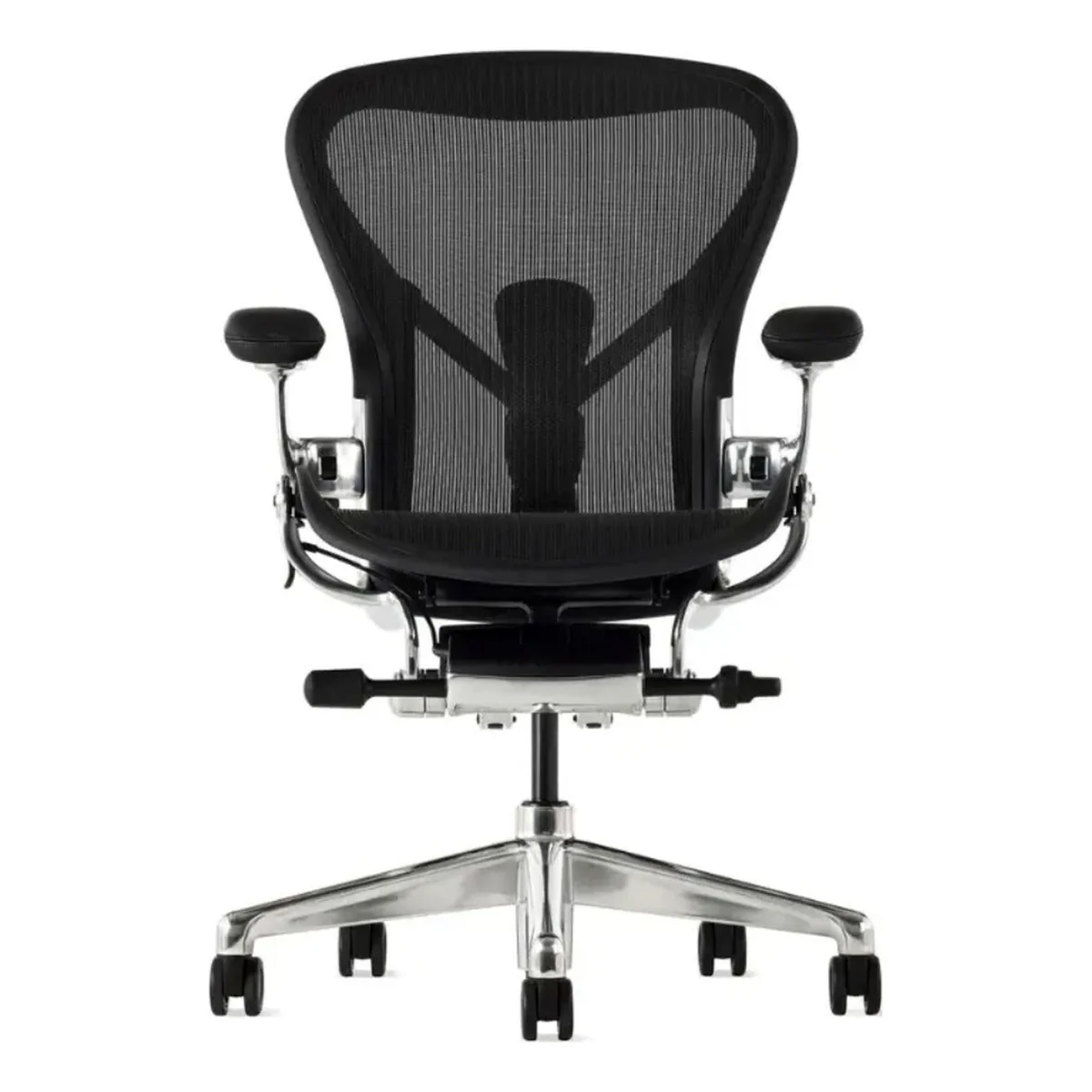 Herman Miller Aeron Chair in Onyx with polished aluminium base, front three-quarter view